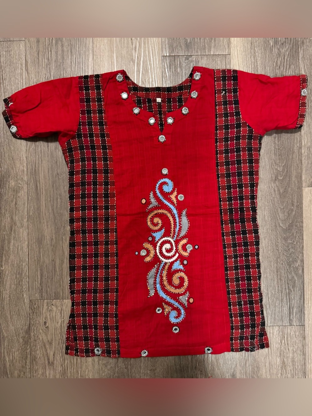 Girls Red & Black Plaid Mirror Work Tunic - Size 6